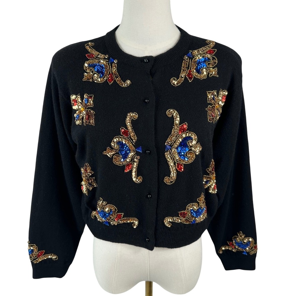 I Did It Vintage Cardigan Womens M Black Sequin Beaded Lambswool Angora Sweater